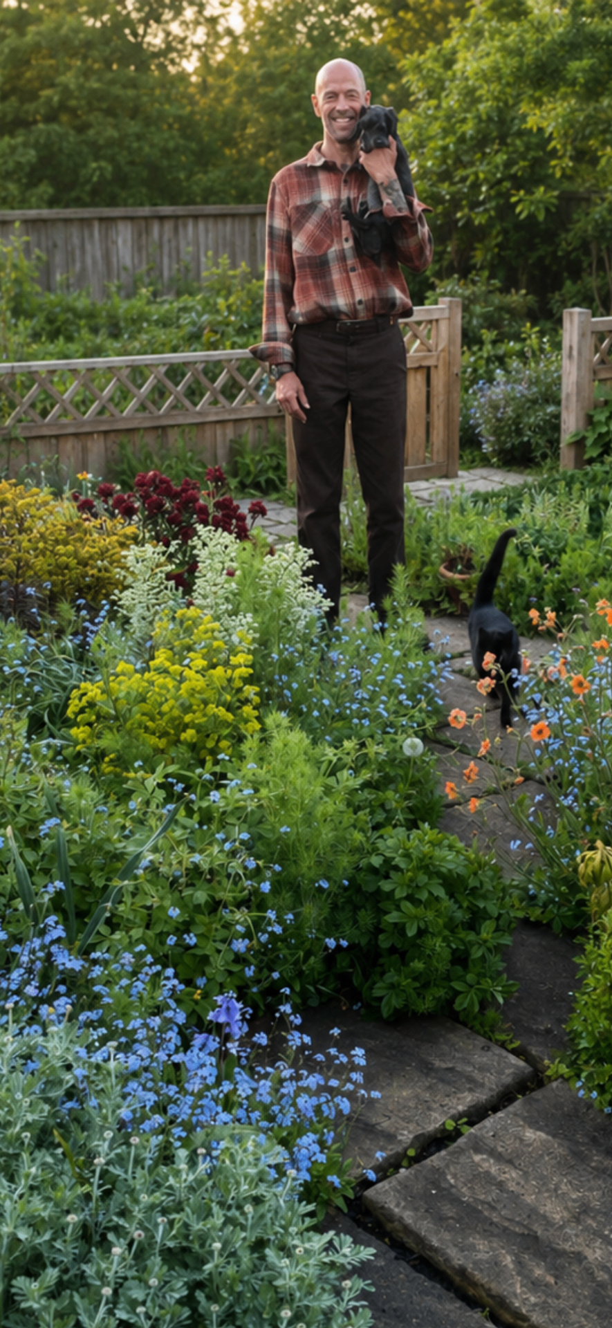 Tom Huber in his Suffolk garden, holding a small black dog beside a stone path lined with flowers